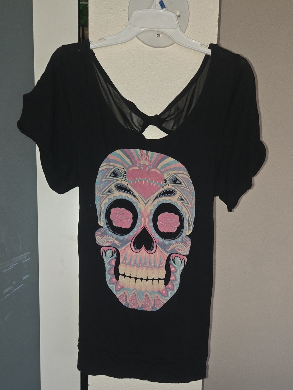 torrid Black Short Sleeve Skull Graphic Tee with Pink and Pastel Accents